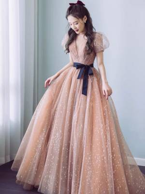 Champagne Tulle V-neck Simple Long Prom Evening Dress