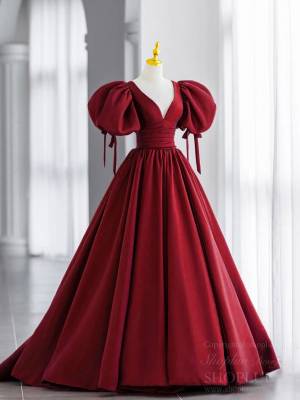 Satin V-neck Puff-sleeves Simple Long Prom Evening Dress