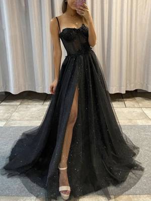 A-line Straps Black Long Prom Evening Dress With Split