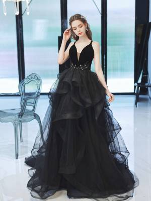 Black Tulle V-neck Long Prom Formal Dress