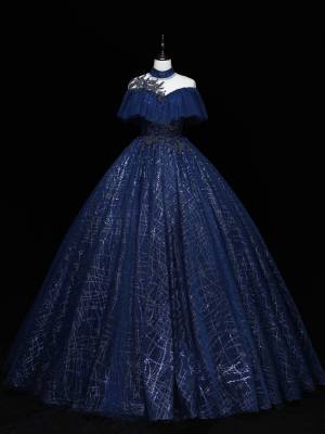 Dark/Blue Tulle Lace With Sequin Long Prom Formal Dress