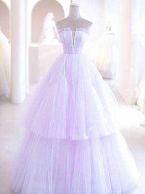 Purple Tulle A-line Long Prom Evening Dress