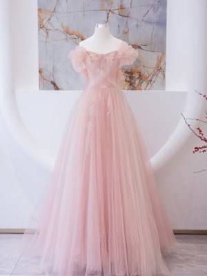 Pink Tulle Lace A-line Long Prom Evening Dress