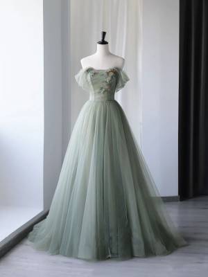 Gray/Green Tulle Off-the-shoulder Long Prom Formal Dress