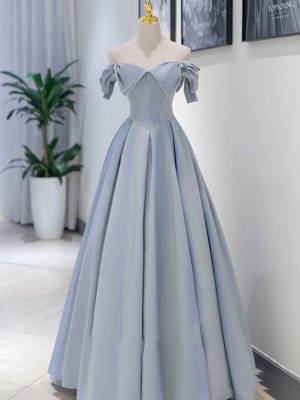 Blue Satin A-line Unique Long Prom Evening Dress