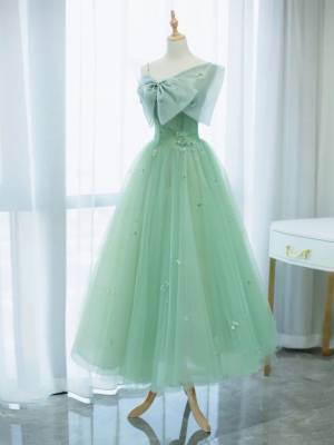 Green Tulle Tea-length Simple Prom Formal Dress