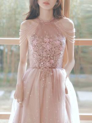 Pink Tulle Lace Tea-length Unique Prom Evening Dress