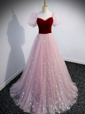 A-line Long Pink Tulle Prom Evening Dress
