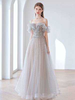 Gray Tulle With Sequin Elegant Long Prom Evening Dress
