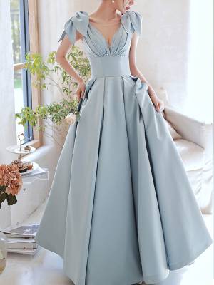 Blue Satin V-neck Long Prom Evening Dress