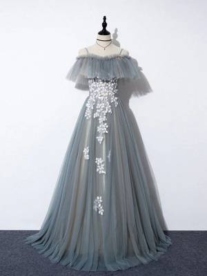 Gray/Blue Tulle Lace A-line Long Prom Evening Dress