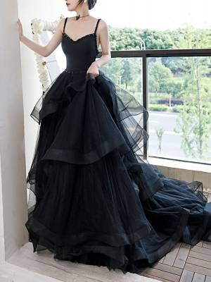 Black Tulle Elegant Long Prom Evening Dress