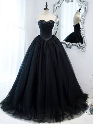 Black Tulle Sweetheart Simple Long Prom Evening Dress