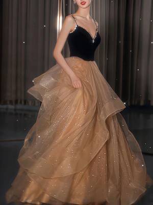 Champagne Tulle V-neck Long Prom Evening Dress