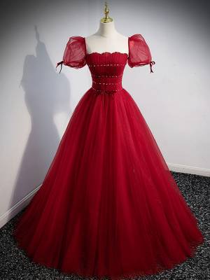 A-line Square Burgundy Tulle Prom Evening Dress