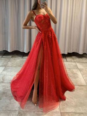 Red Tulle Sweetheart A-line Prom Formal Dress