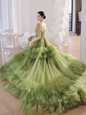 Princess Straps Green Tulle V-neck Long Prom Formal Dress