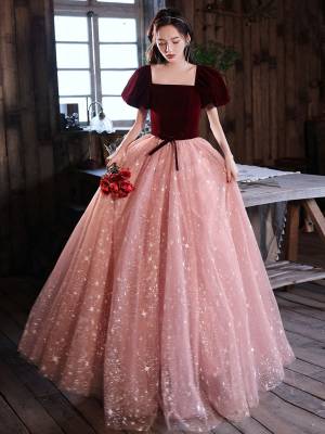 Burgundy Tulle A-line With Velvet Long Prom Formal Dress