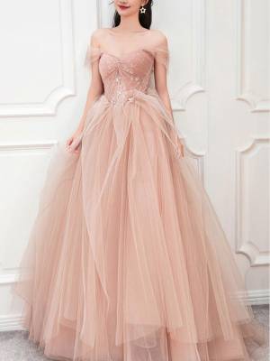 Pink Tulle Sweetheart Long Prom Sweet 16 Dress