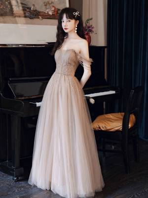 Champagne Tulle A-line With Beads Long Prom Evening Dress