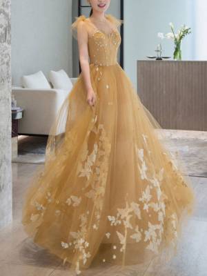 Tulle Lace A-line Elegant Long Prom Evening Dress