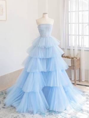 Strapless Blue Tulle Long Prom Dress