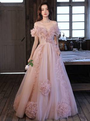 Pink Tulle Off-the-shoulder Long Prom Formal Dress