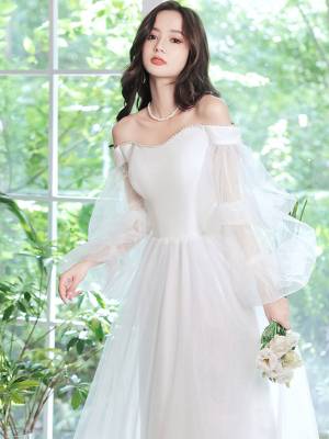 White Tulle Simple Long Prom Evening Dress