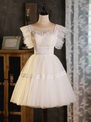 Ivory Tulle Lace Round Neck Short/Mini Prom Homecoming Dress