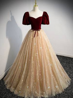 Burgundy/Champagne Tulle Long Prom Formal Dress