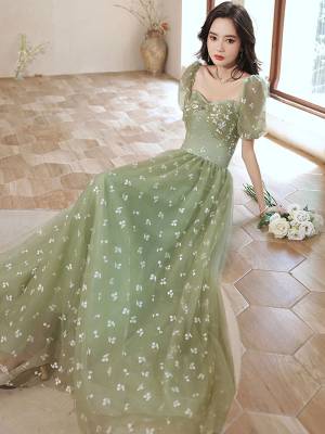 Green Tulle A-line Long Prom Formal Dress