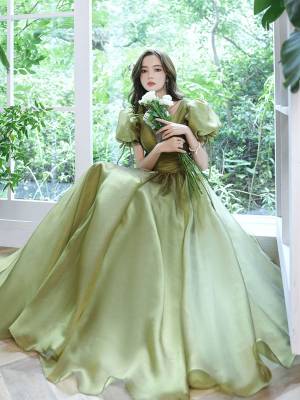 Simple Green Tulle V-neck Long Prom Evening Dress