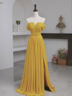 Off-the-shoulder Simple Long Yellow Chiffon Prom Evening Dress