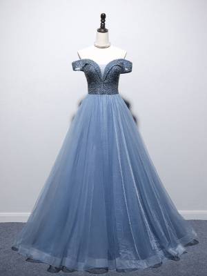 Blue Tulle Sweetheart With Beads Long Prom Formal Dress