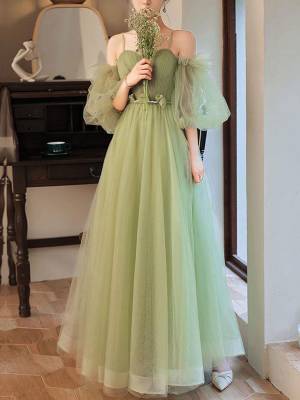Simple Green Tulle A-line Long Bridesmaid Dress