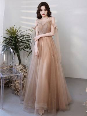 Champagne Tulle A-line With Beads Long Prom Evening Dress