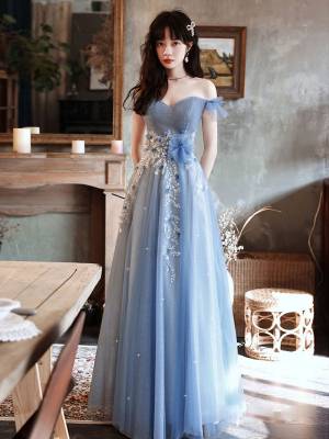 Blue Tulle Off-the-shoulder Long Prom Formal Dress
