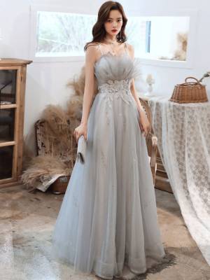 Gray Tulle Lace A-line With Applique Long Prom Formal Graduation Dress