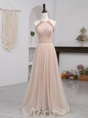 Champagne/Pink Tulle With Beads Long Prom Formal Dress