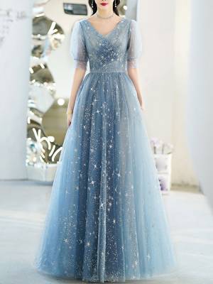 Star Blue/Blue Tulle V-neck Simple Long Prom Evening Dress