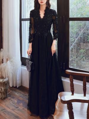 Black Tulle Lace V-neck With Beads Long Prom Formal Dress