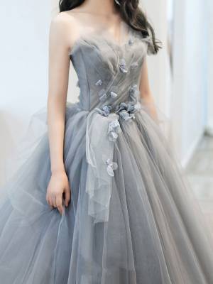 Gray Tulle Ball Gown Long Prom Formal Dress