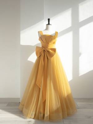 Yellow Tulle Simple Long Prom Evening Dress