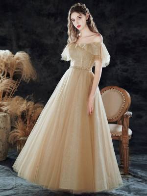 Simple Champagne Tulle A-line With Sequin Long Prom Evening Dress