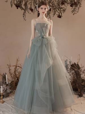 Gray/Green Tulle Long Prom Evening Dress