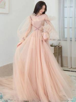 Champagne Tulle A-line Long Prom Formal Graduation Dress