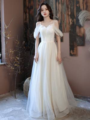 White Tulle Off-the-shoulder Simple Long Prom Evening Dress