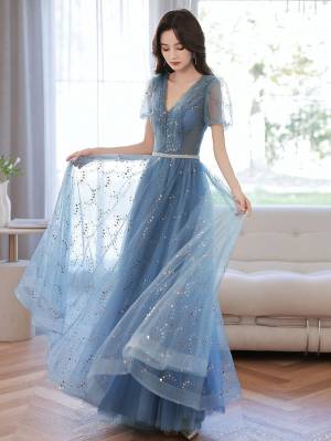 Blue Tulle V-neck Tea-length Prom Evening Dress