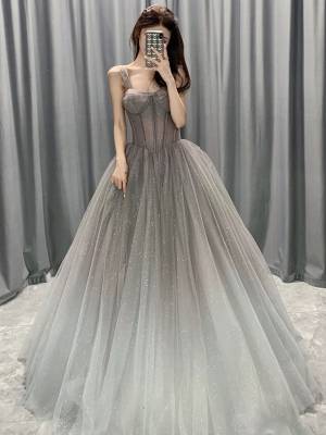 Gray Tulle Sweetheart Long Prom Evening Dress