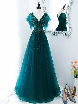 Green Tulle V-neck With Sequin/Beads Long Prom Evening Dress